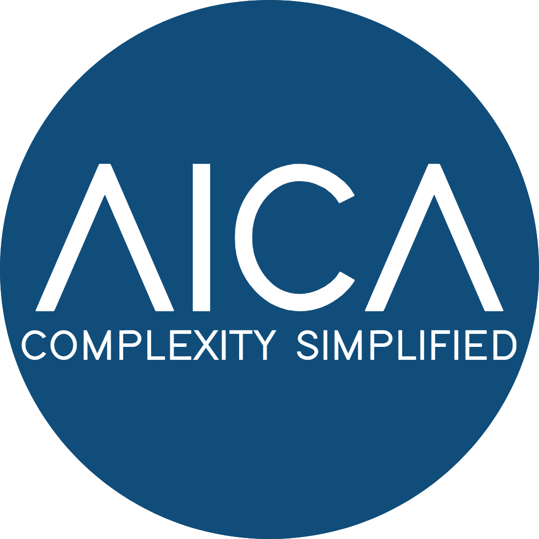Logo displaying the name AICA and AICA's tagline, complexity simplified.