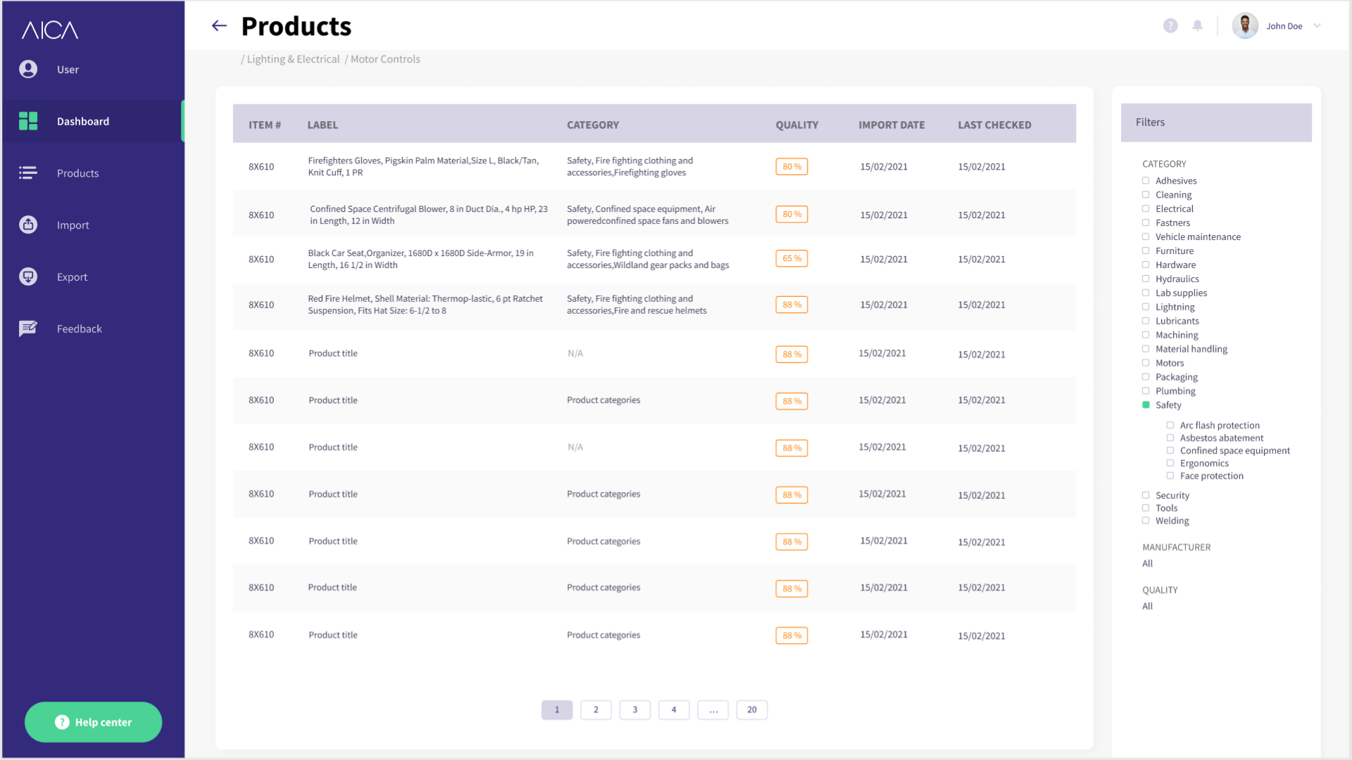 Product Descriptions 1 AICA Product Data Enrichment - Product Descriptions. The screenshot displays the Product Descriptions feature of our SAAS app. Users can enrich product data by adding Specification Details (technical specifics), Usability highlights, Comparative Information, Origin details, and accurate Categorization. This enhances search and filter functionalities, providing comprehensive product information