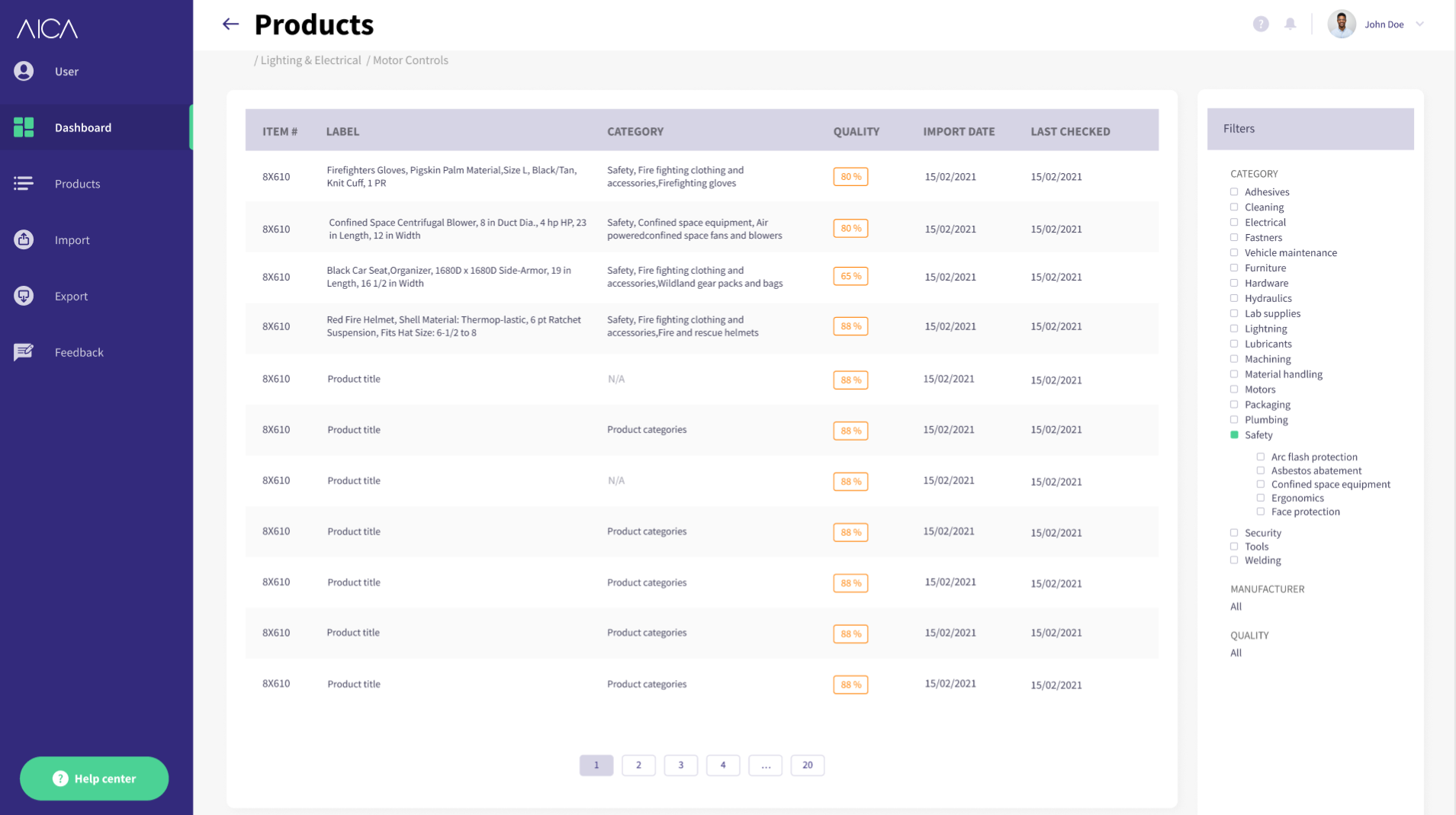 AICA Product Data Enrichment - Product Descriptions. The screenshot displays the Product Descriptions feature of our SAAS app. Users can enrich product data by adding Specification Details (technical specifics), Usability highlights, Comparative Information, Origin details, and accurate Categorization. This enhances search and filter functionalities, providing comprehensive product information